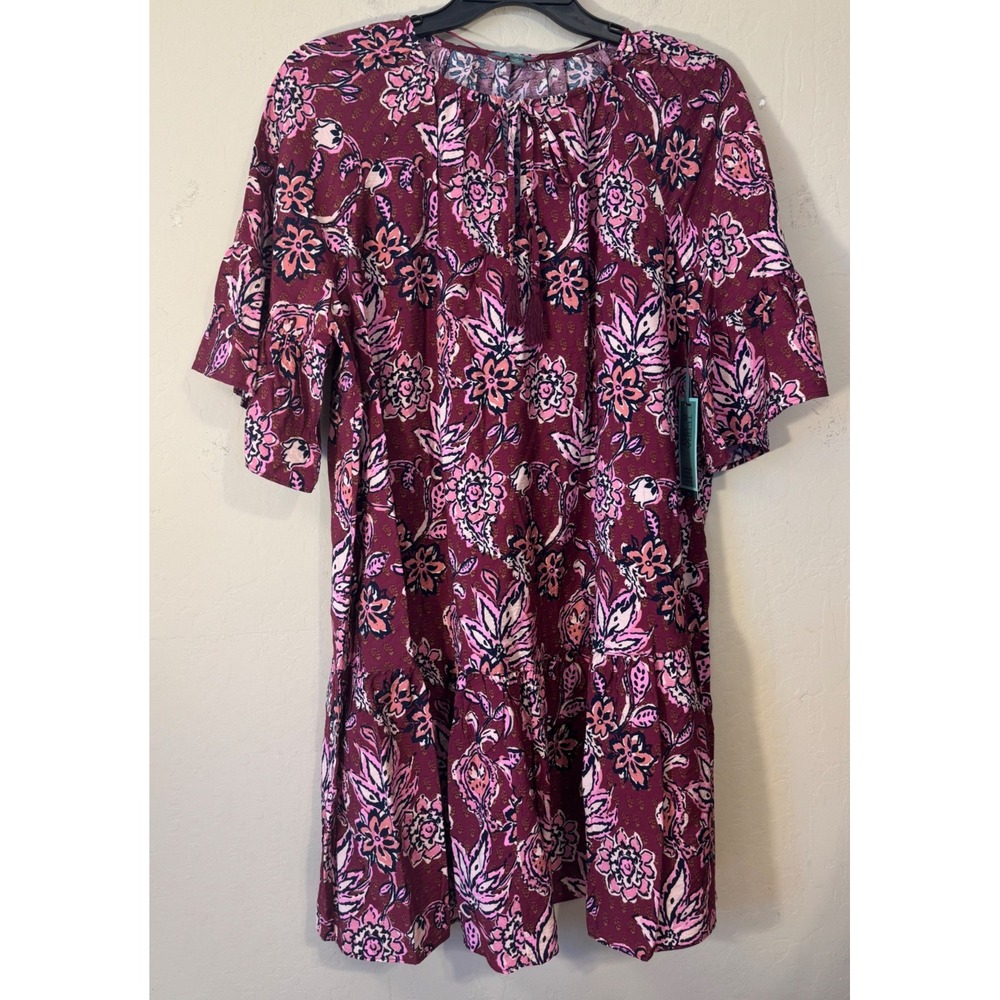 Terra & Sky Dress Women 1X Wine Floral Split Neck Tassel Tiered NEW